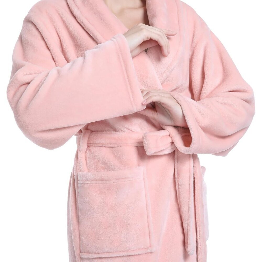 Women's Light pink Plush Soft Fleece Robe - Premium Cozy Warm Bathrobe - Picture 3 of 7